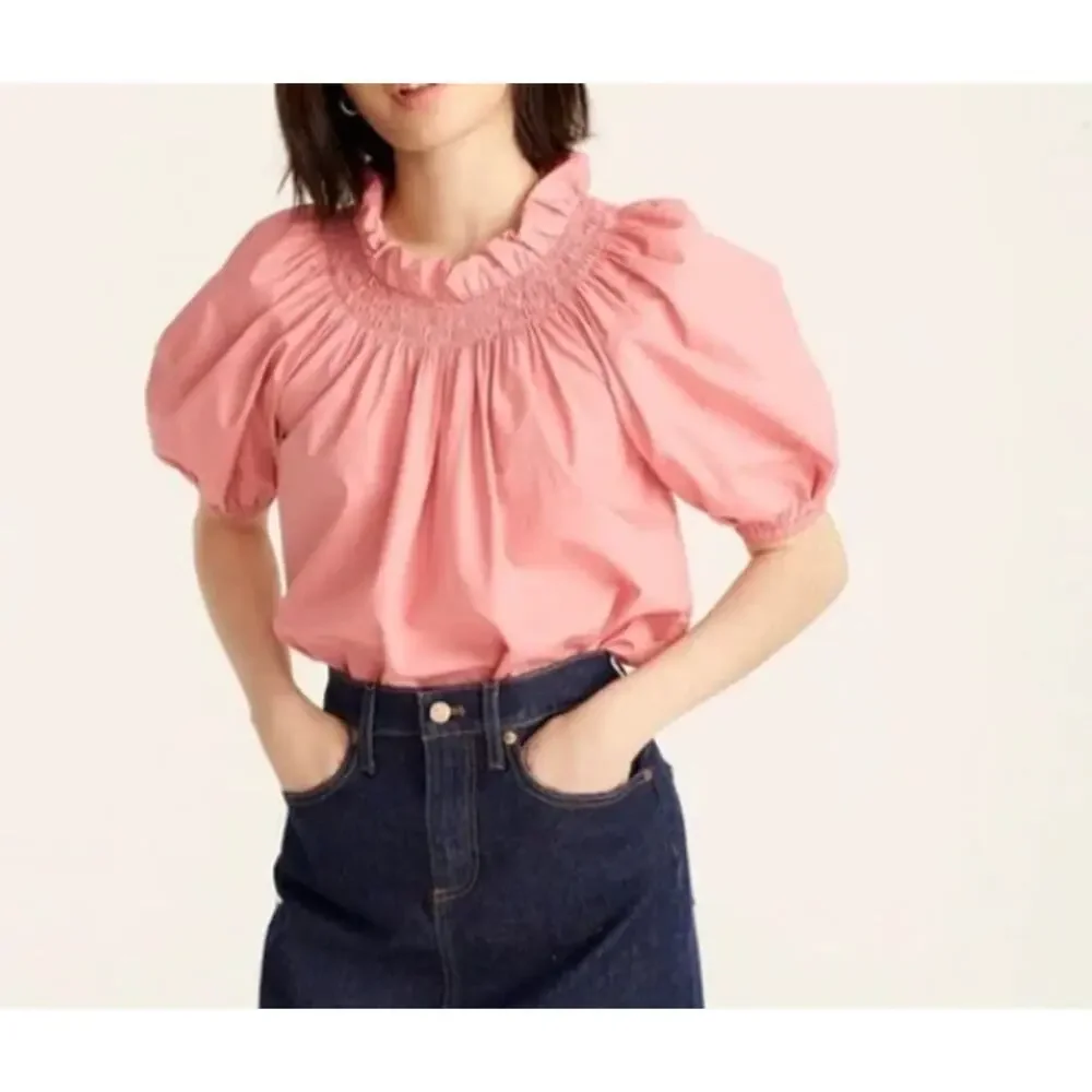 J Crew Womens XS Pink Smocked Neck Puff Sleeve Cotton Poplin Top Lace Up Back